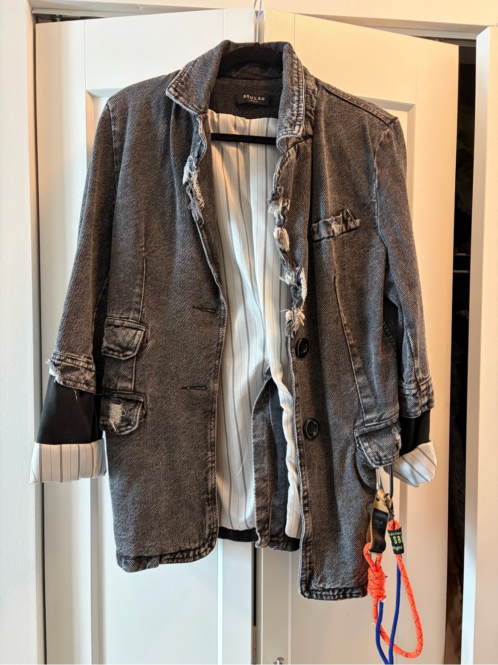 Beulah Distressed Charcoal Black Denim Blazer Jacket - Picture 2 of 4